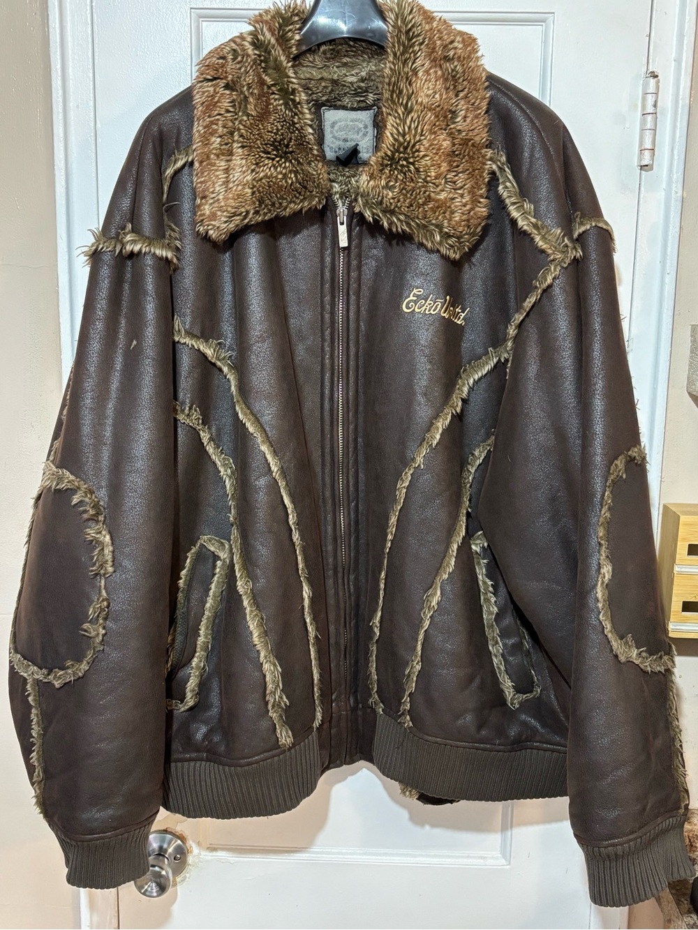Ecko Unlimited Brown Faux-Shearling Bomber Jacket with Fur Collar